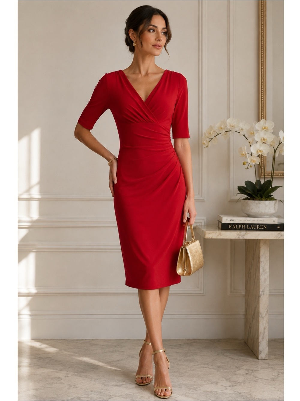 RALPH LAUREN Red Faux Wrap Midi Dress Cocktail Womens Size 4 Classic Elegance